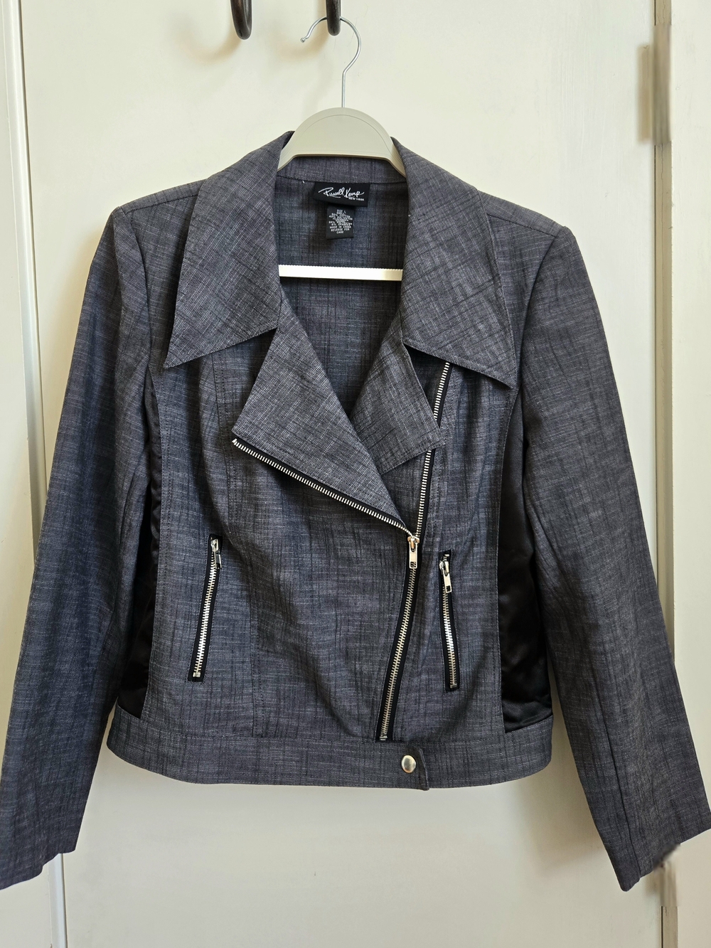 Russell Kemp Gray Asymmetric Chambray Moto Jacket
